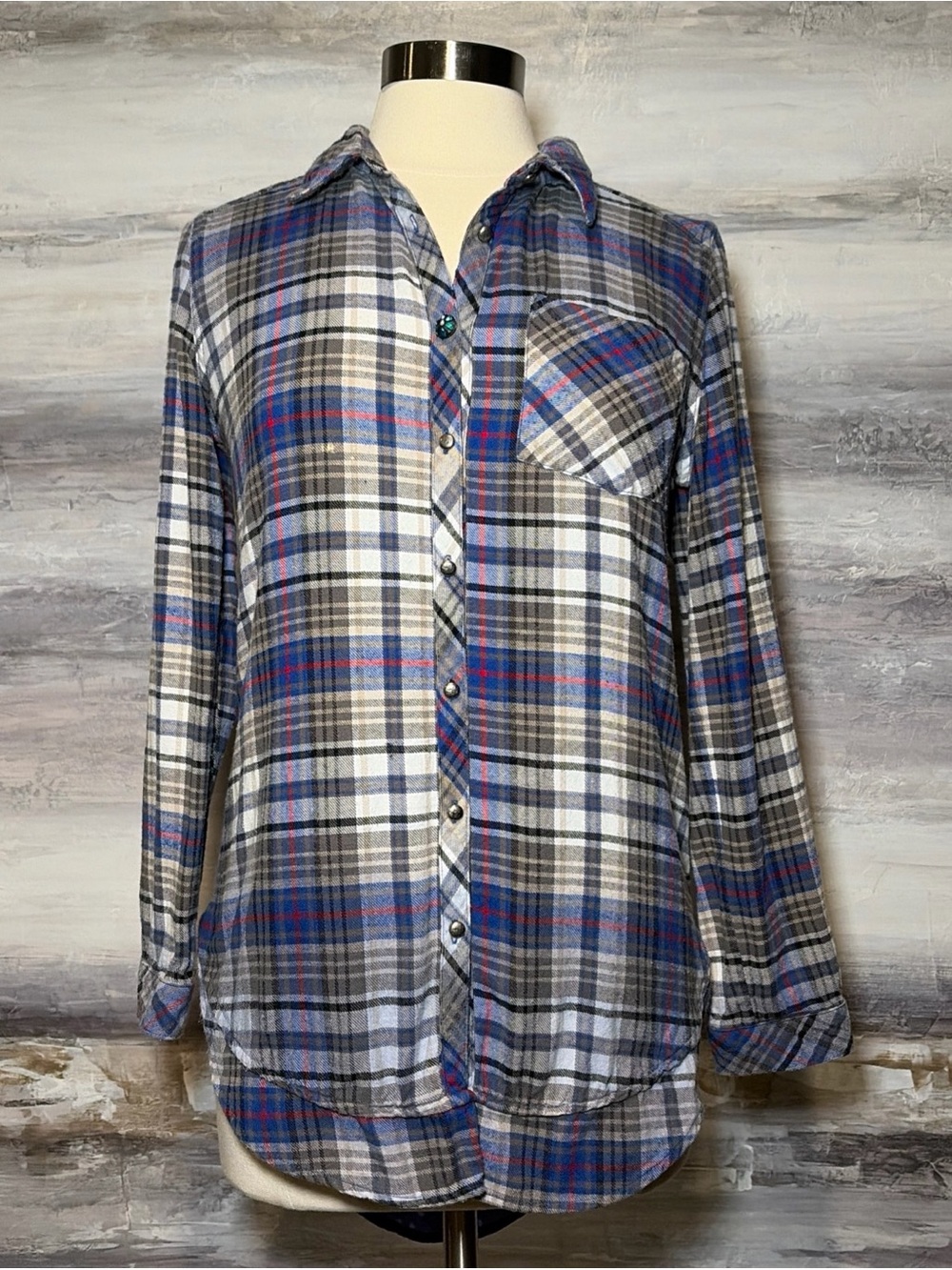 ARATTA SILENT JOURNEY Blue Plaid Floral Mixed Media Shirt Flannel Boho Burnout